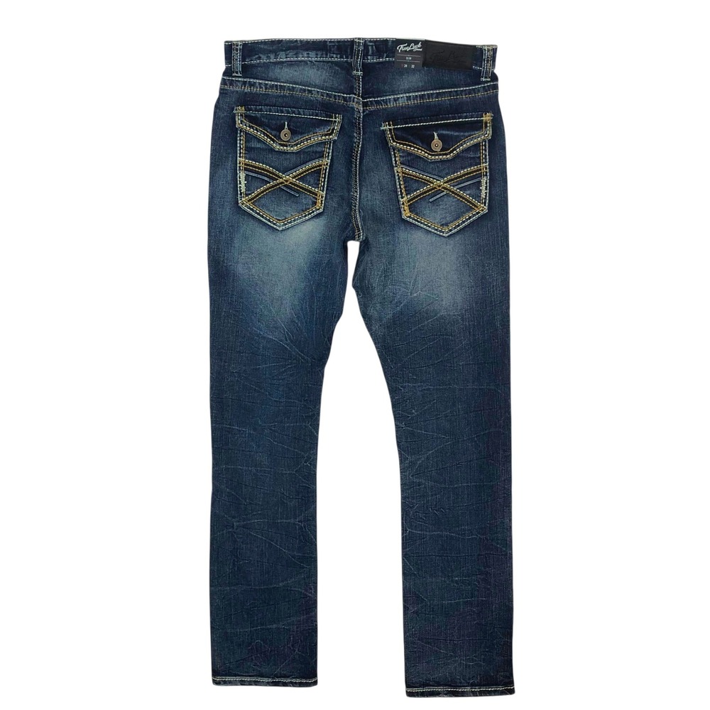 True‎ Luck Y2K Mens Slim Fit Jeans 34x32 Dark Wash Blue Thick Stitch Stretch NEW